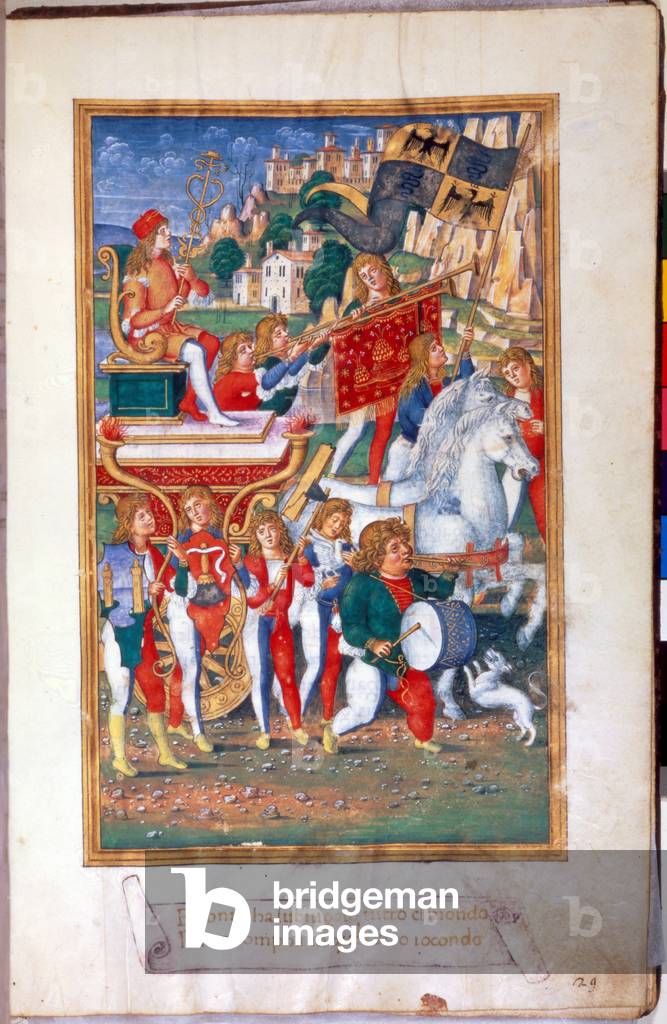 Music Festival - in “Gramatica d'E. Donato””. Illuminated page of a manuscript made by G. Pietro da Birago, 15th century.