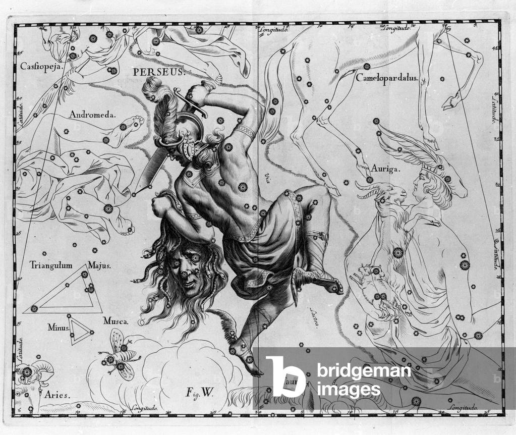 The constellation Persee. Plate drawn from “” Firmamentum Sobiescanum sive Uranographia”” by Johannes Hevelius or Hevel (1611-1687), 1690.