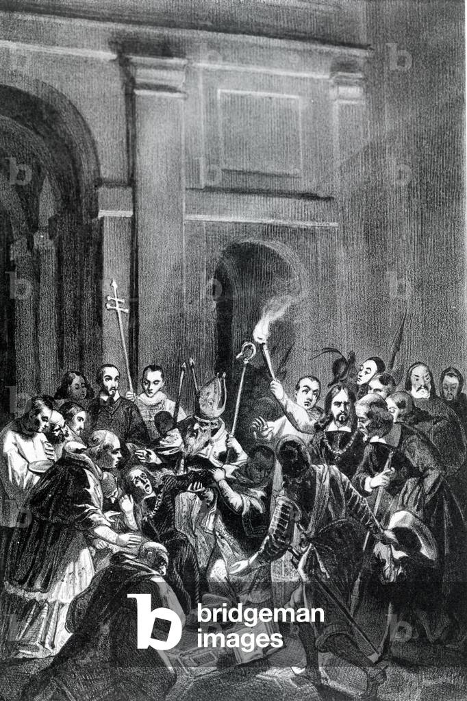Representation of an exorcism scene. 19th century illustration.