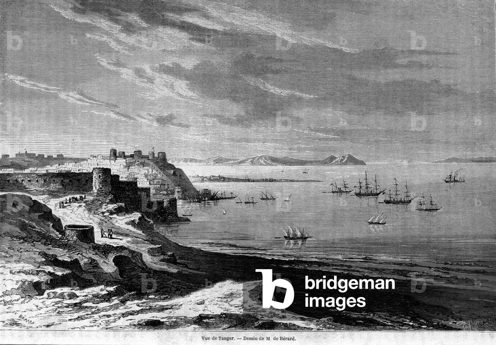 View of the bay of the fortified town of Tangier and the coast, Morocco. Engraving from 1860.