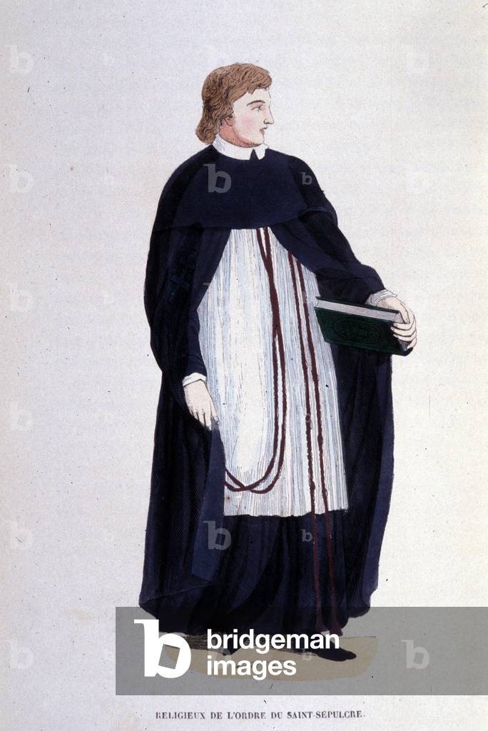 Religious of the Order of the Holy Sepulchre. Engraving from an album on religious orders, Paris, 1840