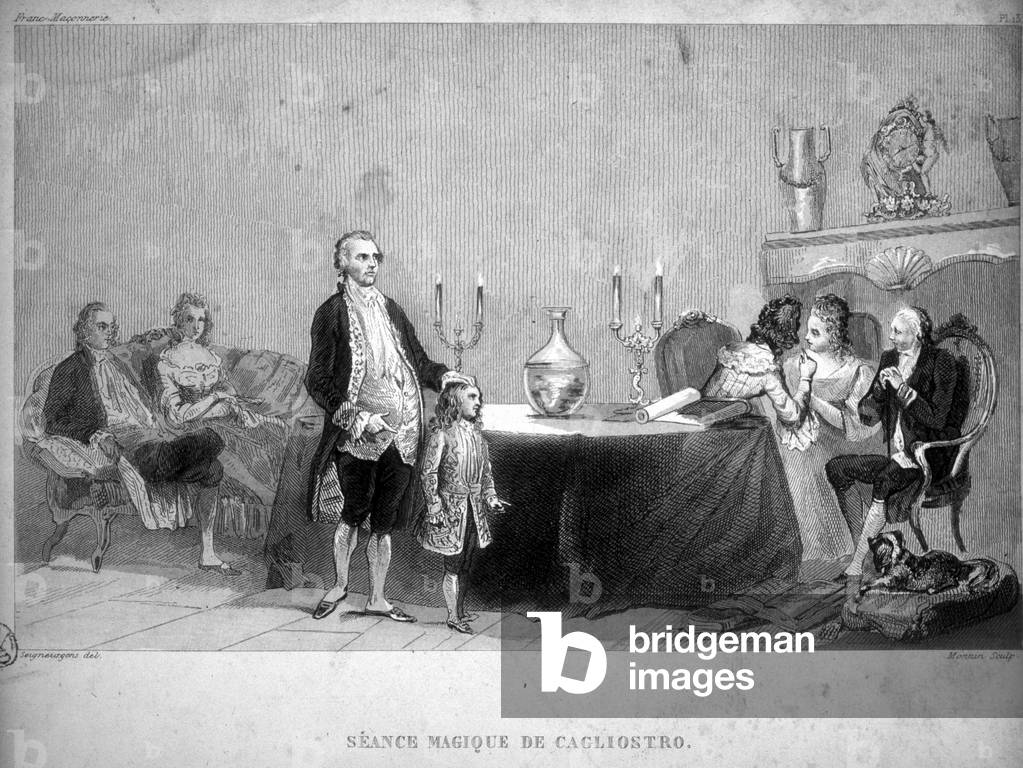 Fri-Masonry: Session of Magic by Giuseppe Balsamo, dit Alexander, Count of Cagliostro (1743 - 1795) Engraving taken from “” Picturesque History of the Franc Maconnerie and the Secrete Societes Antique and Modern”” by F.-T. B. Clavel. Pagnerre, editor. 1843.