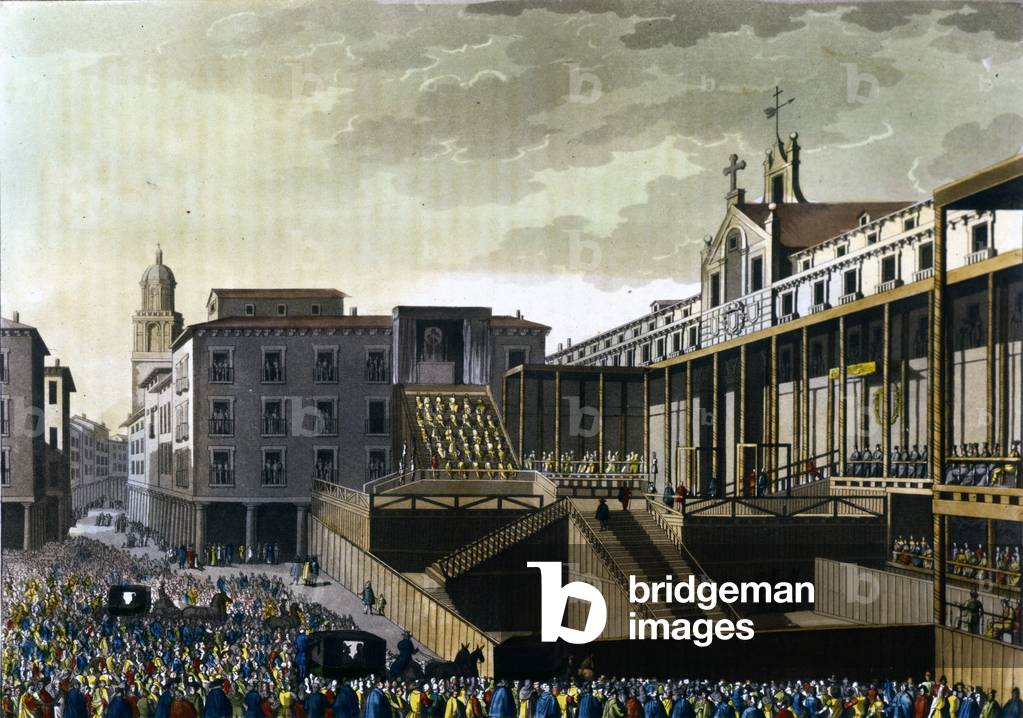 Inquisition scene in the public square in Burgos, Spain. 16th century.