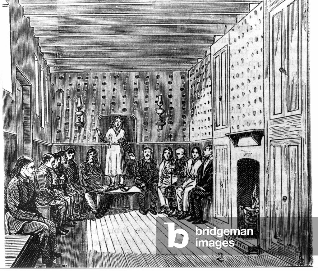 Religous meeting of American shakers. 19th century engraving.