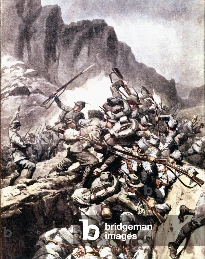 First World War: “” clashes between Italian alpine hunters (alpino or alpini) and soldiers of the Austro-Hungarian army in Val d'Inferno, Piemont, Italian Alps”” 1916 Illustration from “La domenica del corriere””
