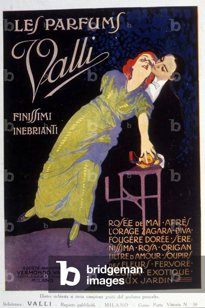 Pubblicità per il negozio Valli, società di vendita profumi, Milano.