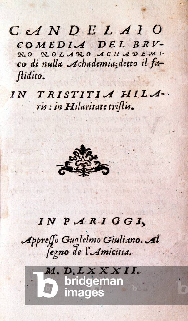 Frontispice of “” Il candelaio”” (The candlestick) by Giordano Bruno (1546-1600), Italian philosopher and theologian. 1582