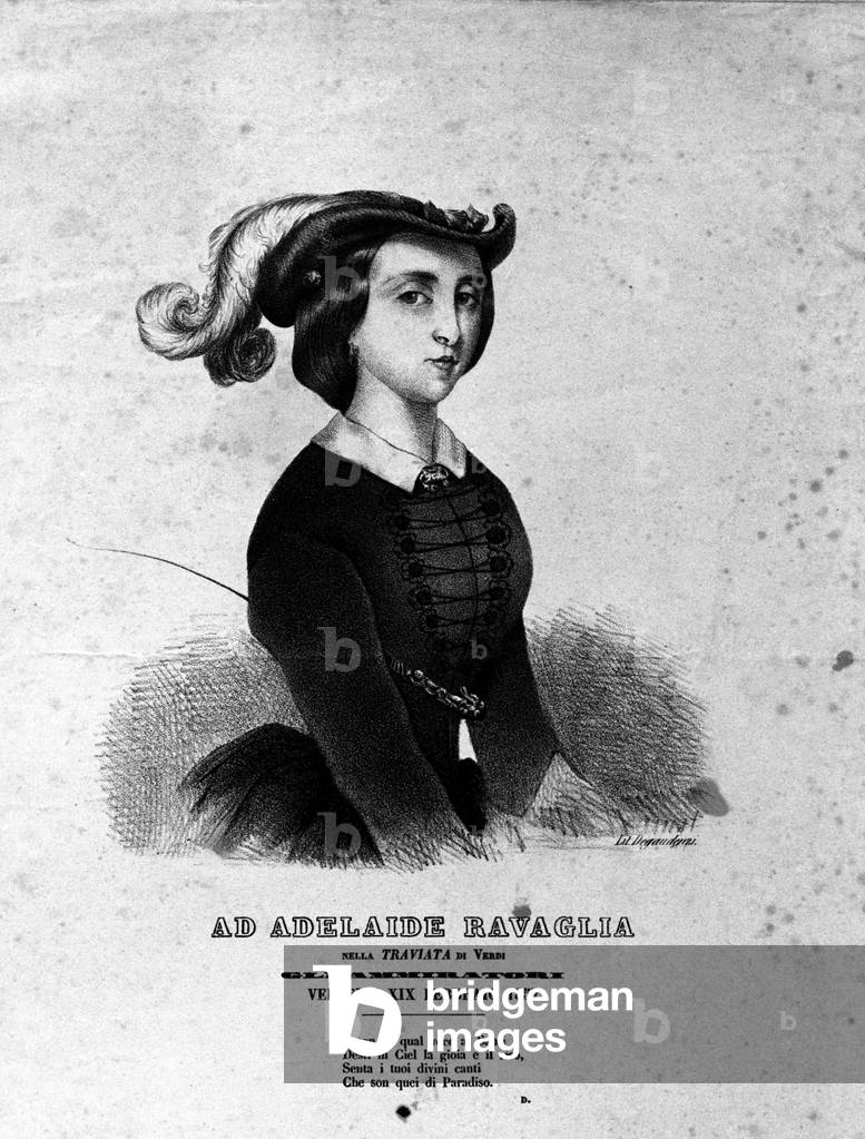 Portrait of Adelaide Ravaglia in the representation of the opera “La Traviata”” by Giuseppe Verdi of 1857.