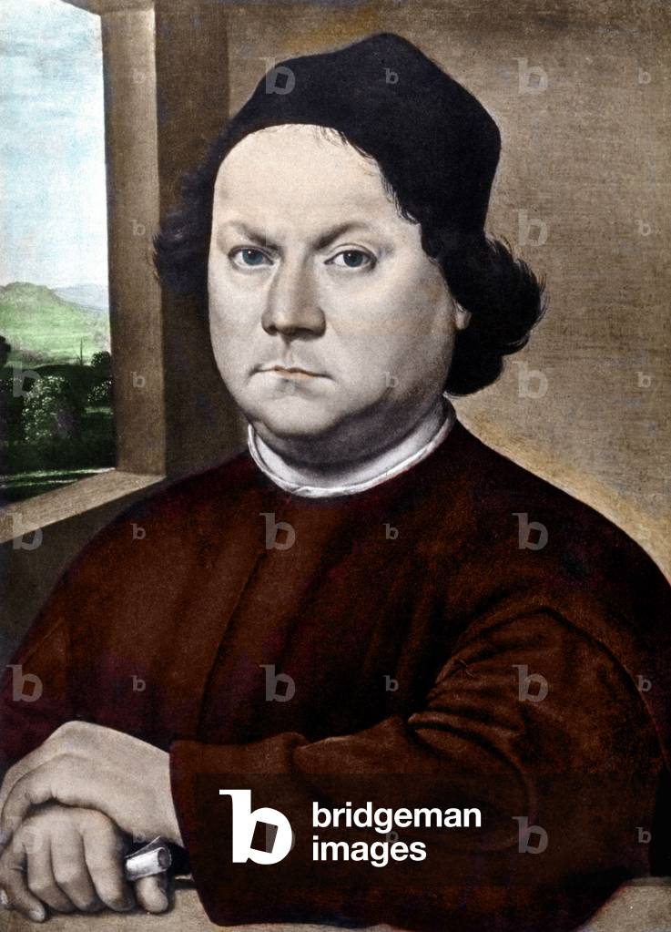 Portrait of Andrea Verrocchio (1435-1488) Italian painter. Colouring engraving from the painting by Lorenzo di Credi (1458-1537).