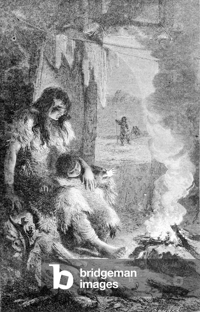 Interior of a prehistoric cabin. 19th century engraving.