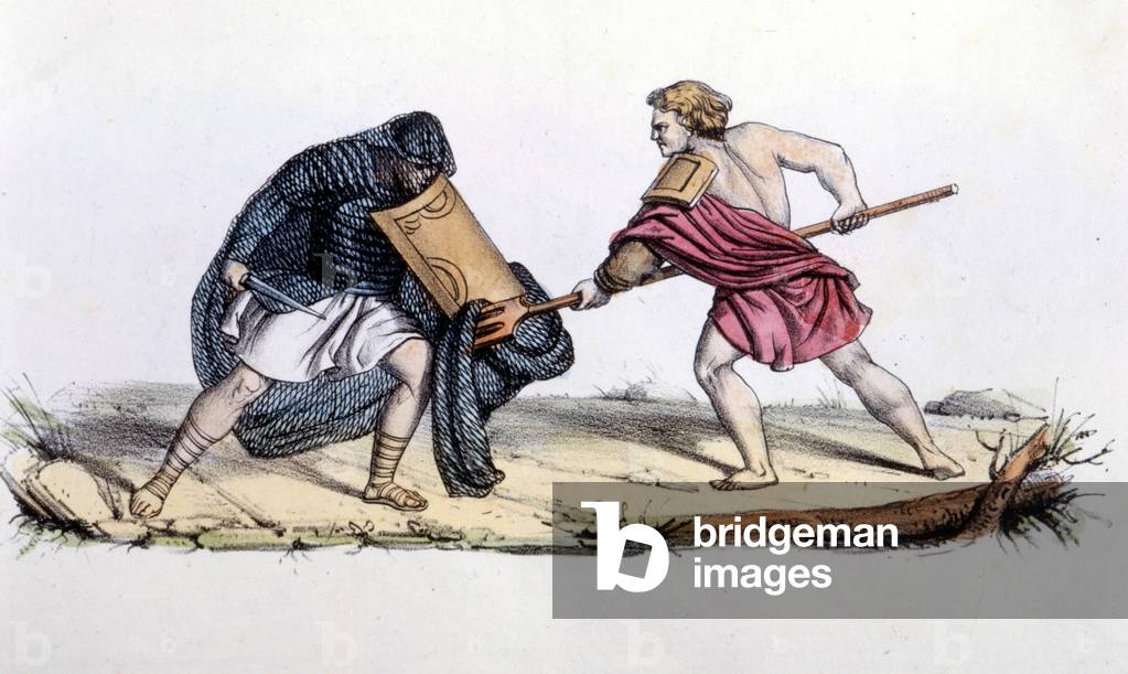 Resiario and Mirmillone. 19th century engraving.
