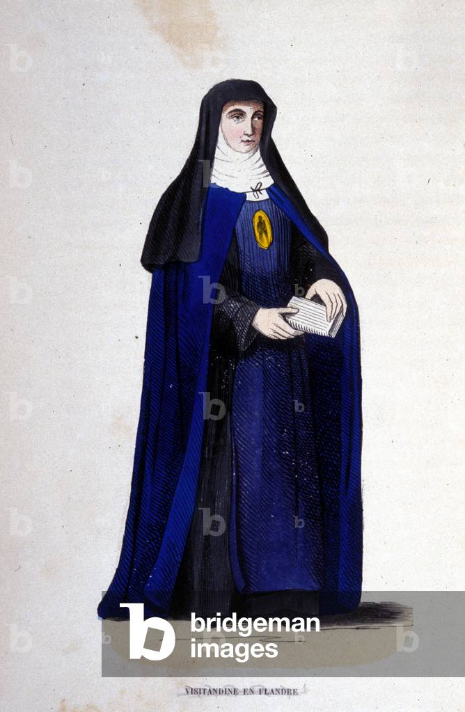 Visitandine religious in Flanders. Order of Visitation founded by Saint Francis of Sales and Saint Joan of Chantal in 1610. Engraving of the 19th century.