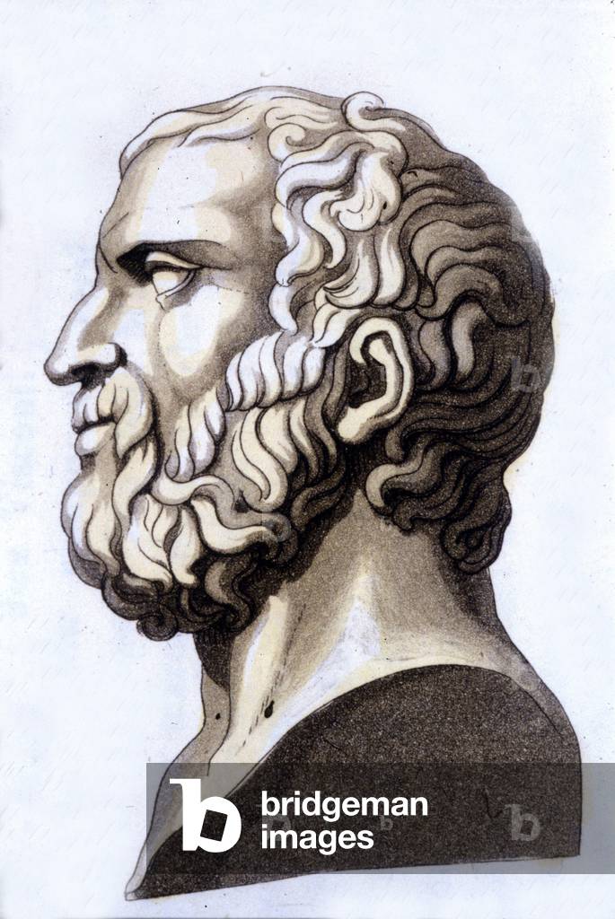 Portrait of the Greek philosopher Zenon de Citium (335 BC - 264 BC), founder of stoicism. Engraving of the 19th century.