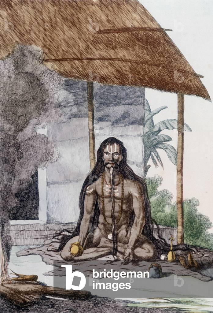Culture, Civilization and Indian Society: Portrait of a Fakir (Faquir) during prayer, India. Engraving 1808.