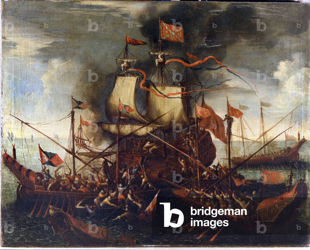 Immagine di Dipinto "Le galee turche si avvicinano a una nave veneziana." 1601 di Unknown Artist
