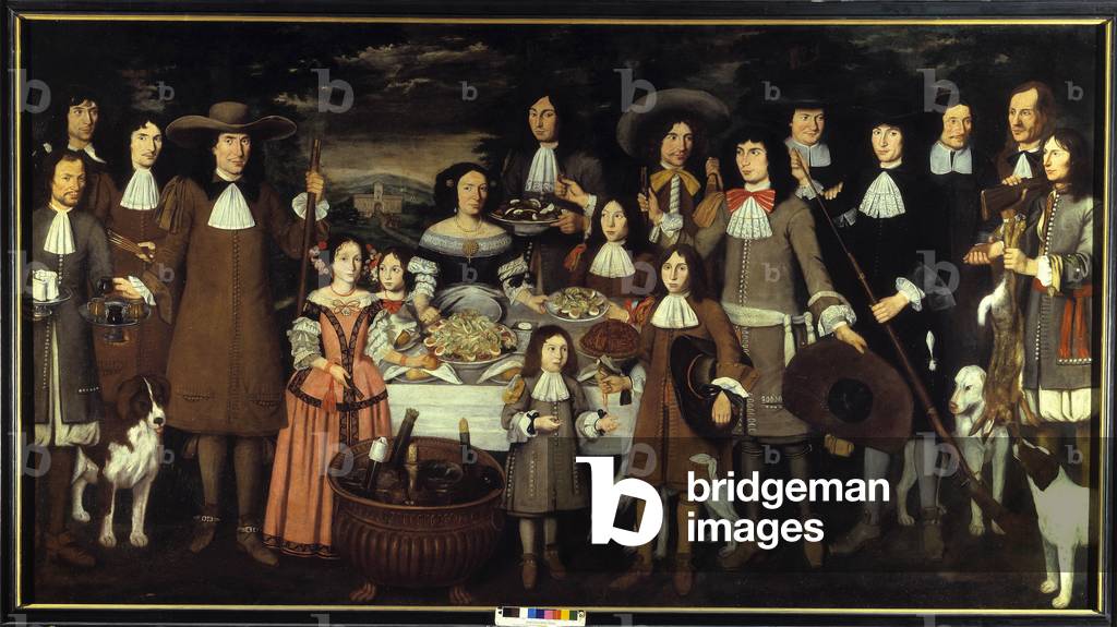 Portrait of a family or “” Drink during a hunting game”””. Painting by Carlo Cane (1618-1688). 17th century painting. Pinacoteca del Castello Sforzesco Milan
