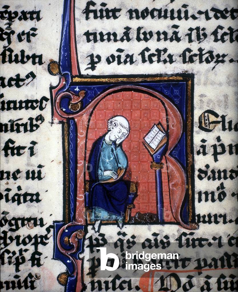 A miniature letter “R” representing a wise man, taken from a manuscript by Aristotle, 13th century.