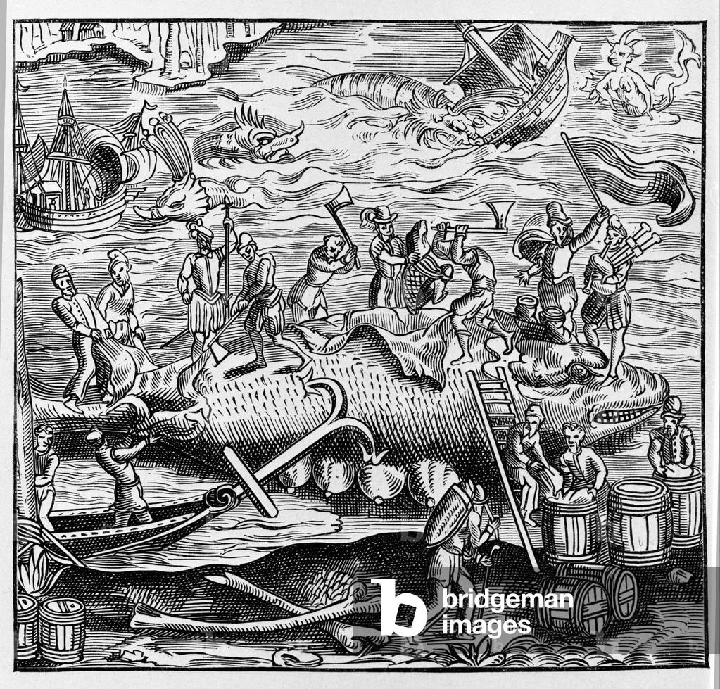 Fishing and whaling, based on a wood engraving from Thevet's “Universal Cosmography”. Paris 1575