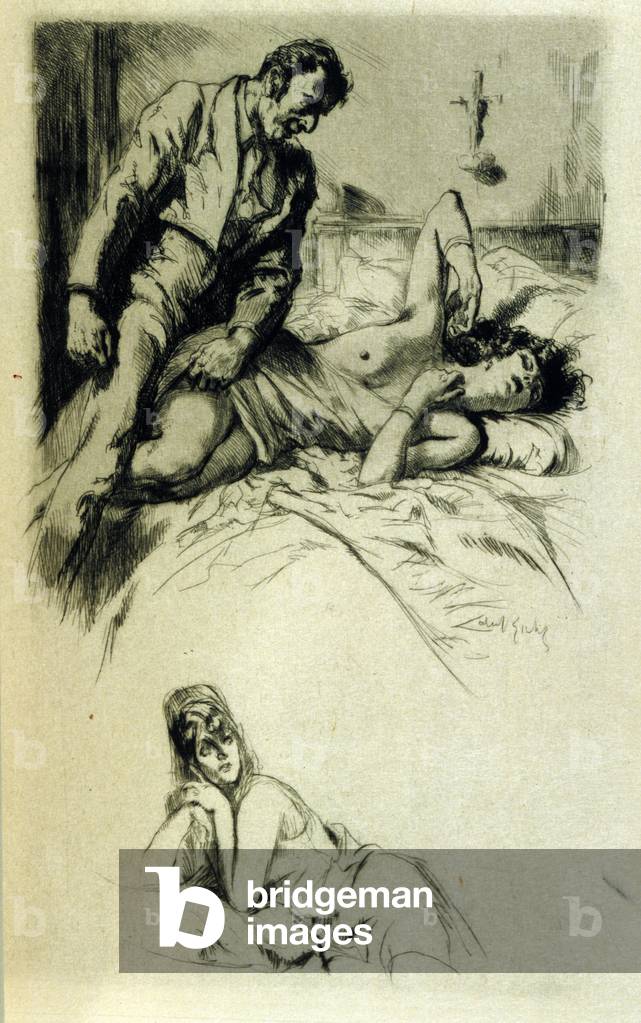 Erotismus: ein Schauplatz der Gewalt zwischen einem Mann und einer Frau, ein Kruzifix hängt über dem Bett. Abb