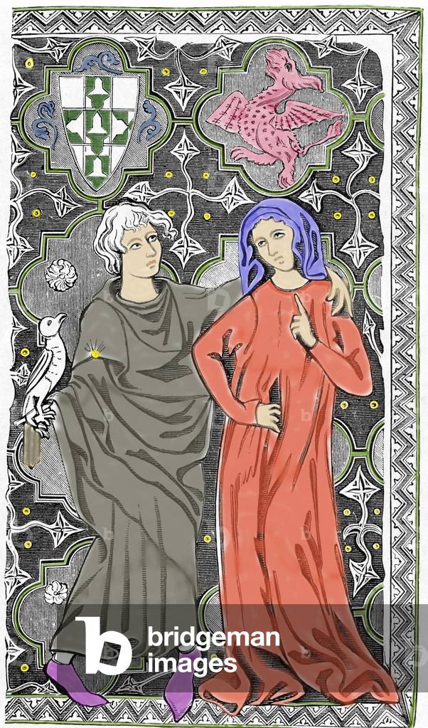 The magician Merlin the Enchanter meets the fairy Viviane in the forest of Broceliande. Represention of an email manuscript of Limoges from the beginning of the 15th century. 19th century.