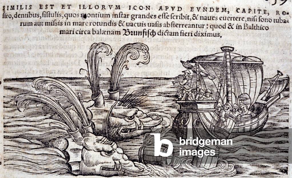 Sailors throw barrels into the sea to distract monsters in pursuit. Engraving in “Historia Animalium” by Conrad Gesner (1516-1565), Tiguri, 1560. Bibl. Nazionale Braidense, Milan.
