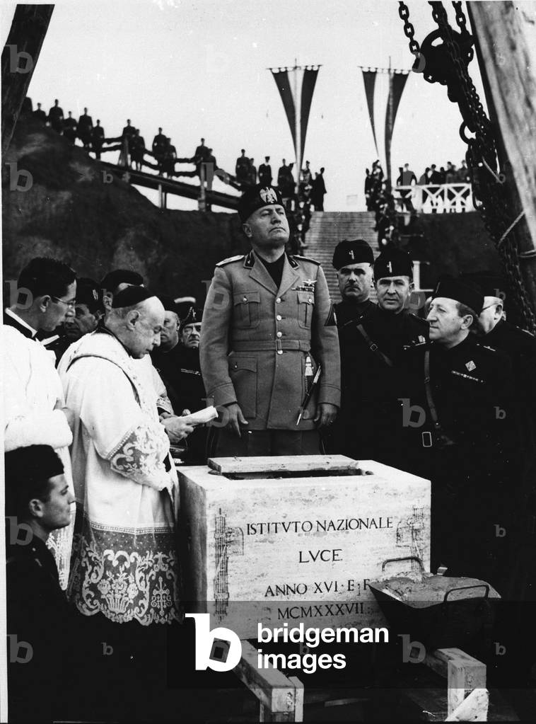 Fascist Italy: Duce Benito Mussolini during the laying of the foundation stone of the Luce Film Institute. Rome 10/11/1937