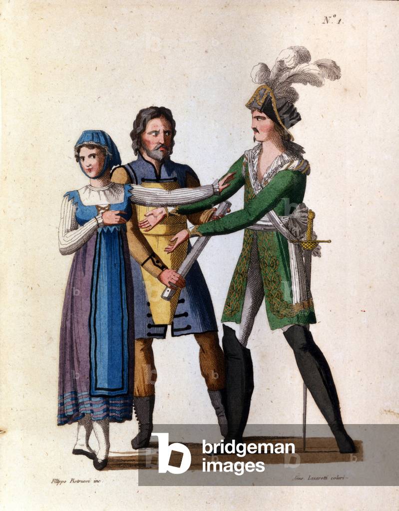 The singers Savino Monelli (Bertrando), Teresa Bellog (Isabella) and Filippo Galli (Tarabotto) in the opera semi-seria “” L'inganno felice”” (the happy stratageme””” by Gioacchino Rossini (1792-1826) 1824