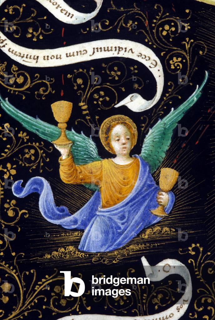Angel holding two chalices. Miniature of Belbello da Pavia, 15th century. Milan, Biblioteca Nazionale Braidense.