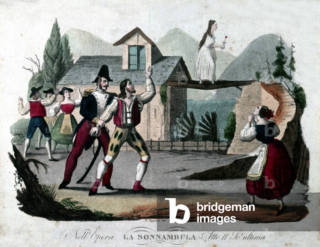 Last scene of Act II of “La somnambule (La sonnanbula”) by Vincenzo Bellini. Engraving from 1835.