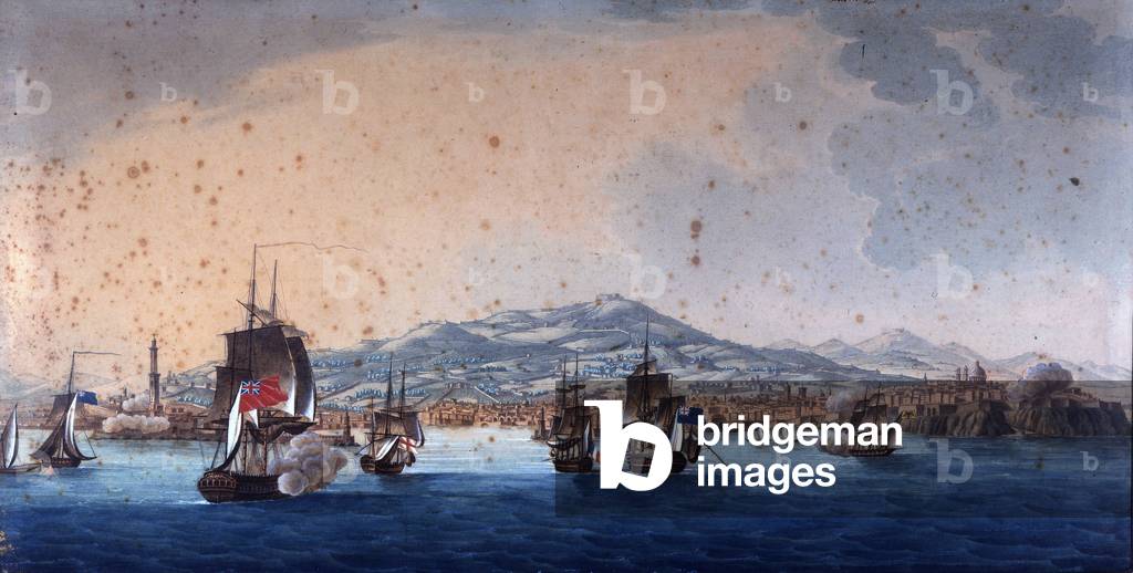 Battle in Genes Harbour between French and English ships. Andre Massena runs Genes headquarters. Anonymous painting of the 19th century. Museo Navale de Genova Pegli.