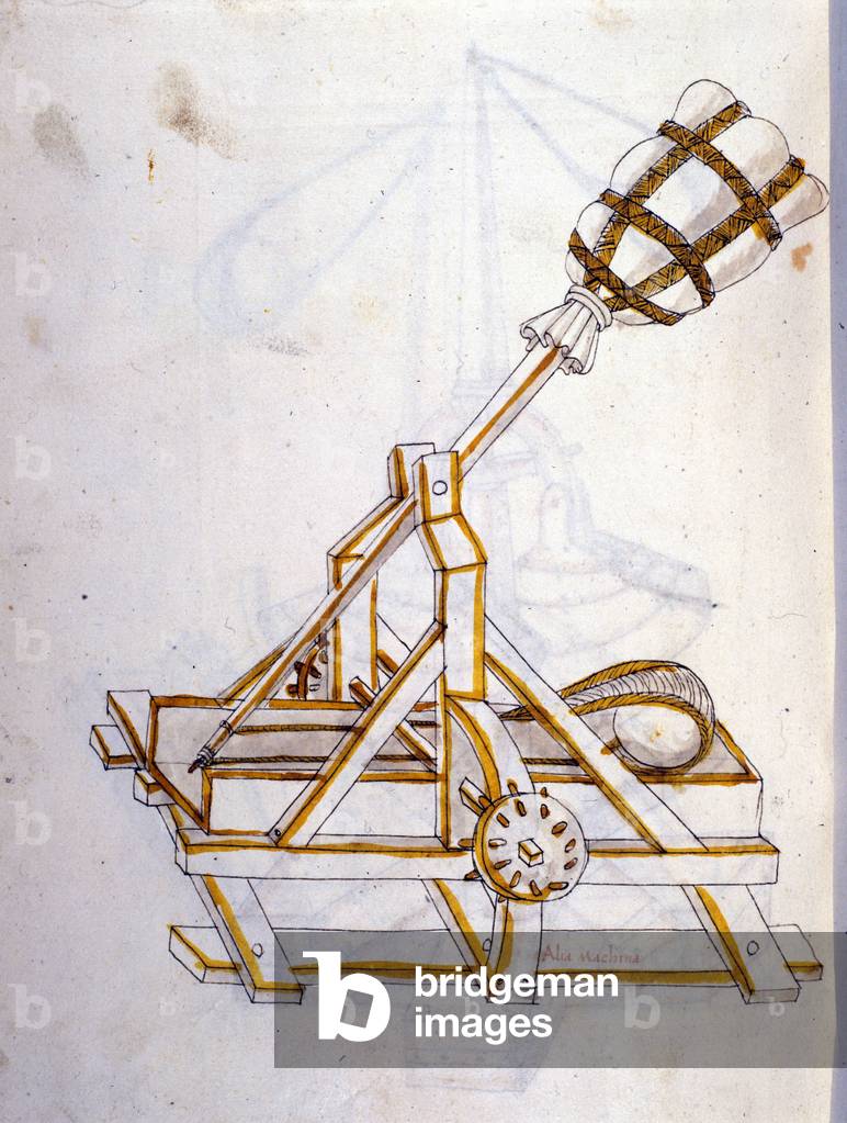 Art de la guerre: etude sur les machines militaires. une catapulte, illustration tiree de 'De re Militari' de l'ingenieur Roberto Valturio (1405-1483?), 1470.