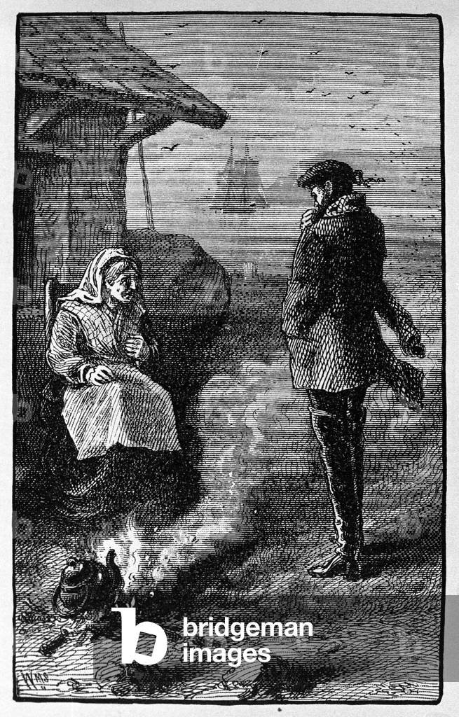 The witch Bessie Millie, living on the island of Pomona (Orkney), sells bags of winds favorable to sailors. Illustration of Walter Scott's story from 1814. Engraving of the 19th century