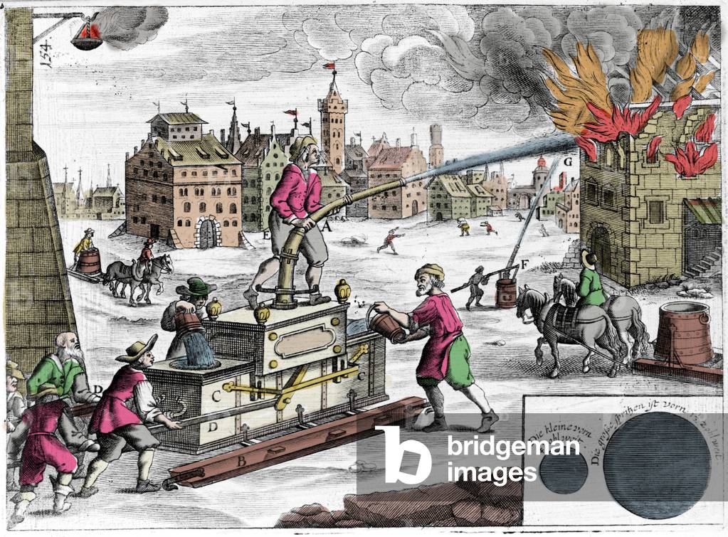 Use of a fire pump by a fire brigade. Engraving from “” Theatrum Machinarum novum”” by Georg Andreas Bockler (1644-1698), 1662