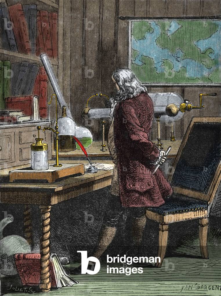Benjamin Franklin (1706-1790), philosopher, physicist and American ambassador in his laboratory in Philadephia.