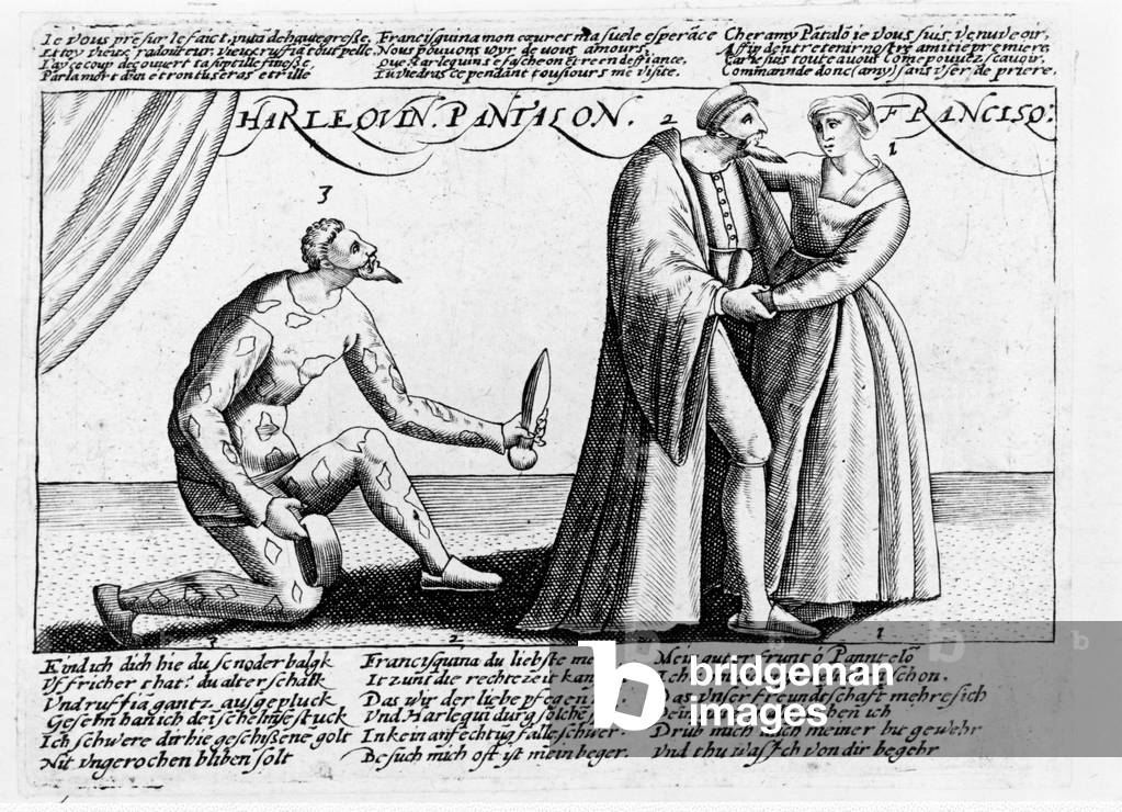 Harlequin cuckold. Series of engravings of a piece played in France towards the end of the 16th century on the theme of the love disgraces of Harlequin and Franceschina.