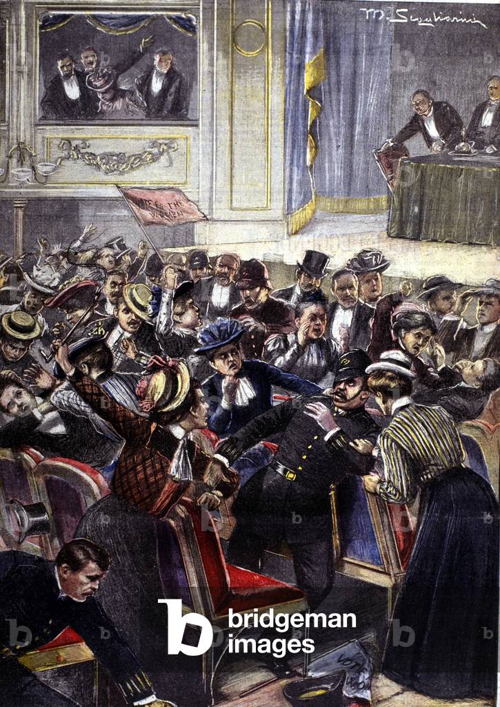 Bild von Zeichnung "Feminismus: Suffragetten unterbrachen 1906 eine Konferenz von Herbert Asquith (1852-1928)"
