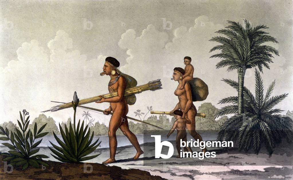 Kerengnatnuck, chief of the Botocudos, and his family (Brazil) - in “The old and modern costume”” by Ferrario, ed. Milan, 1819 - 1820.