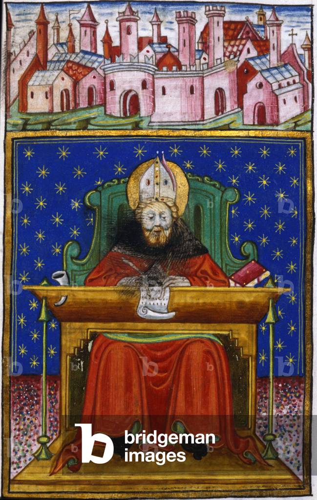 Saint Augustine represented in an incipit of “” De Civitate dei””, manuscript of the 14th century.