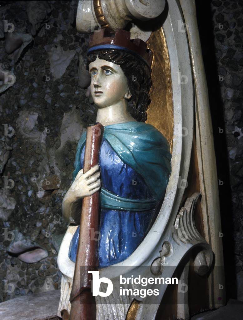 Bow figure of the Italian ship Bernardo shipwrecked in 1888 at the Scilly Islands. The only survivor was the commander. Valhalla Figurehead Collection. Musee Tresco, Scilly Islands