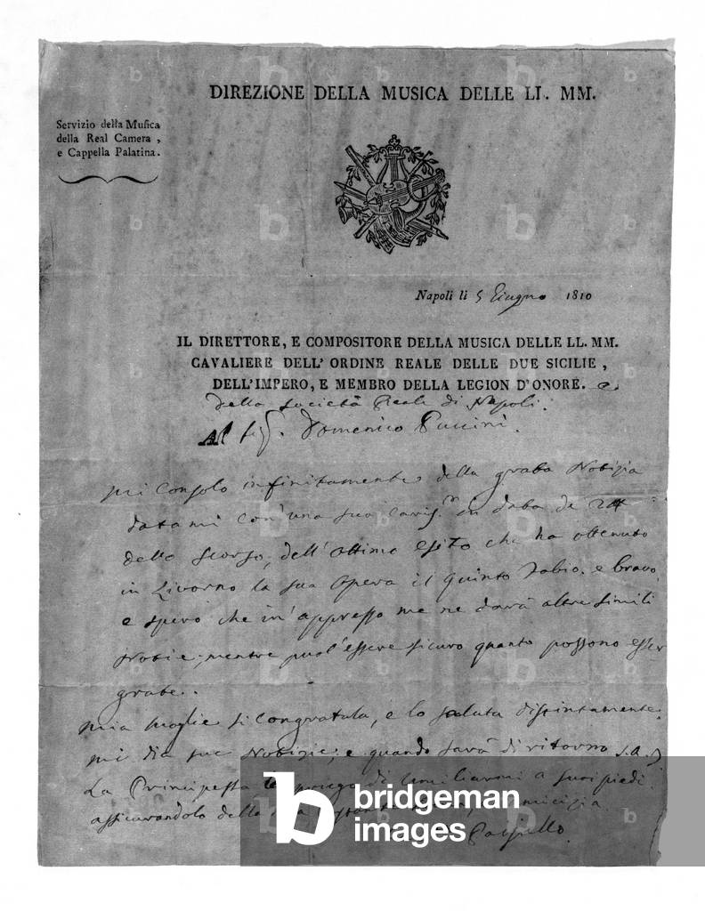 Letter from Giovanni Paisiello (or Paesiello or Paesieillo) (1740-1816), Italian composer at Domenico Puccini, grandfather of Giacomo Puccini. 1810. Milan Museo teatrale della Scala.