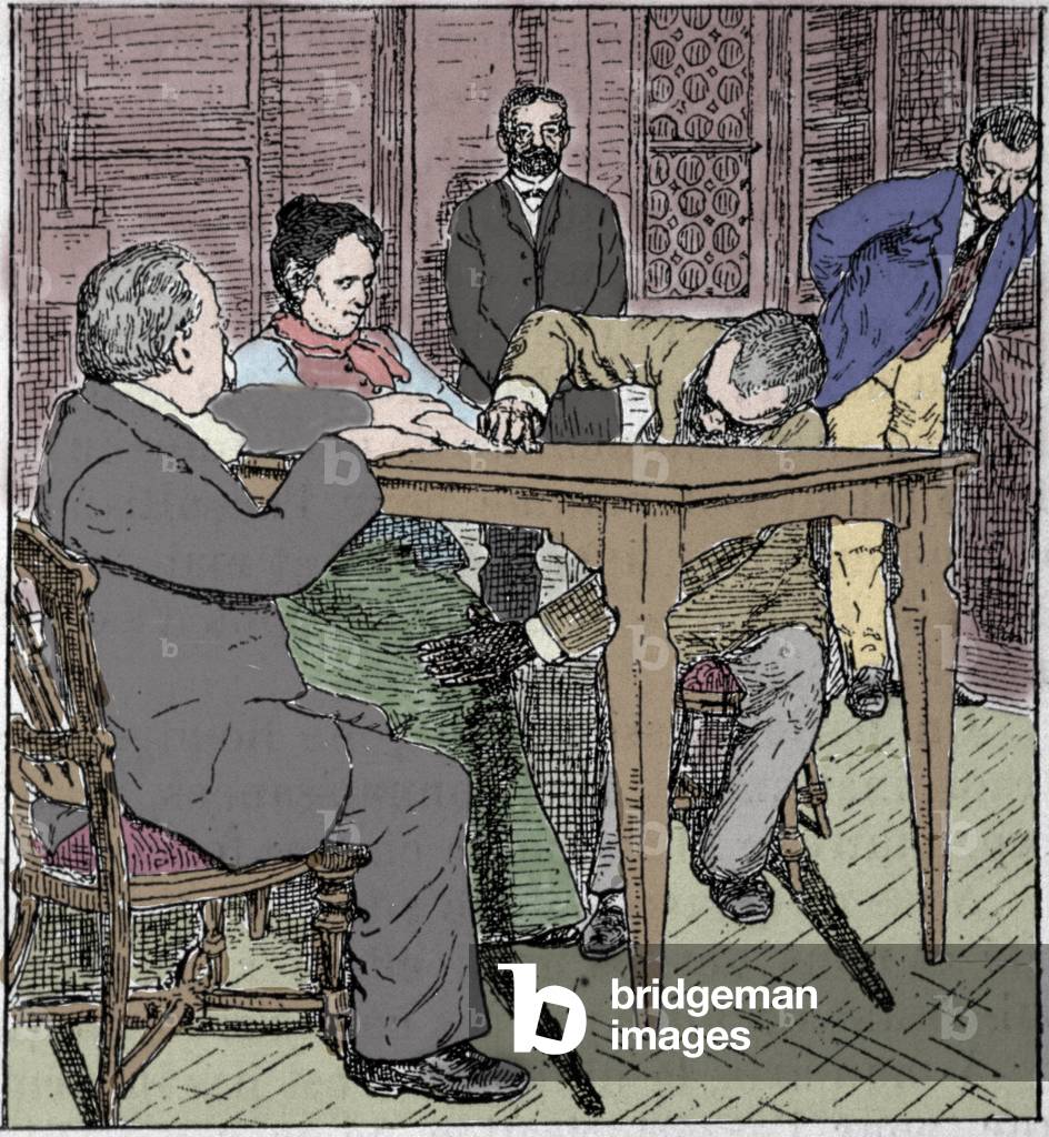 Paranormal phenomena: experience of raising a table in Milan in 1892 in the presence of the medium Eusapia Paladino and Cesare Lombroso (1835-1909) and Charles Richet (1835-1909).