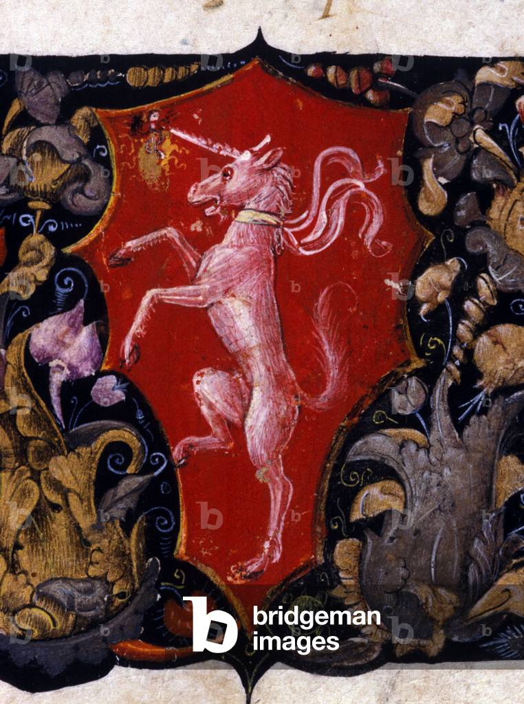 Blazon decorating a unicorn on a red background. Detail of a miniature. 15th century