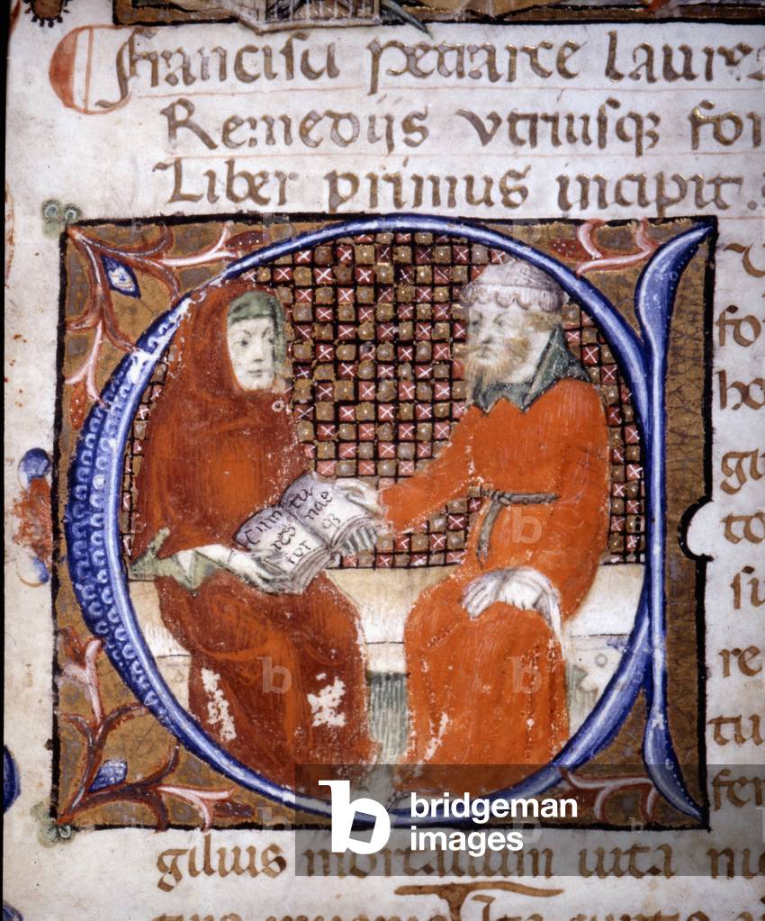 Francesco Petrarca (Petrarch) conversant - lettrine, illumination of the Middle Ages. Bibl. Nazionale Braidense, Milan.