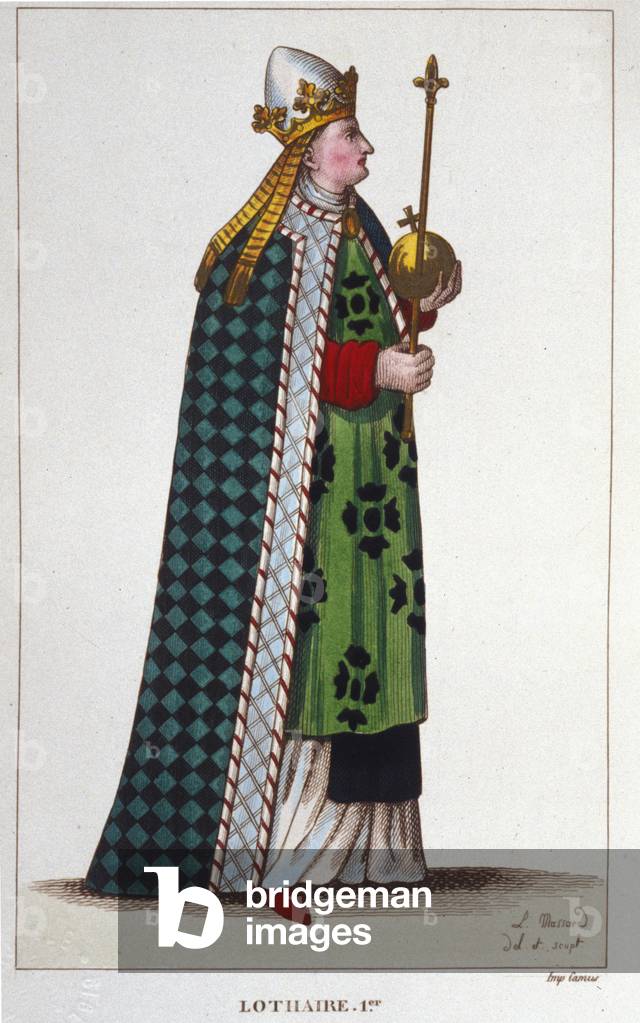 Portrait of Lotharia I (795-855), Emperor of the West and King of Italy engraving from 1830