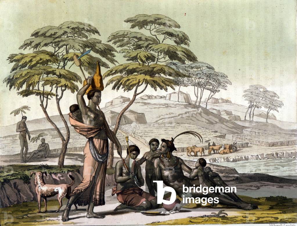 Indischer aus Botswana (Bechuanaland) Gravur in „Das alte und moderne Kostüm“ von Jules Ferrario