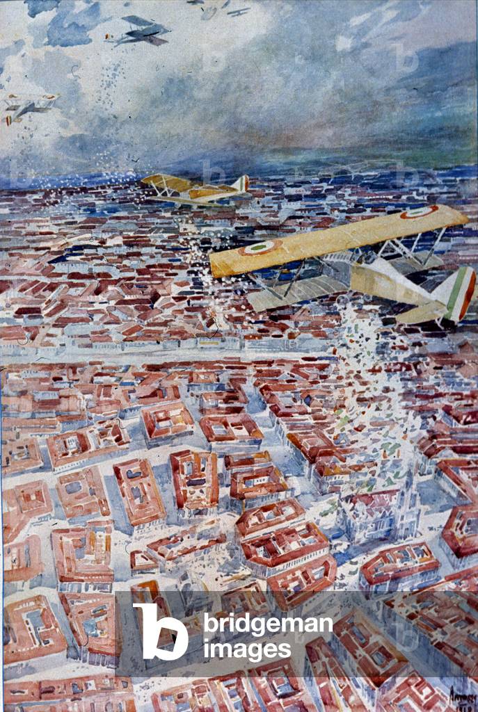 Vol au dessus de Vienne de Gabriele D'annunzio (1863 - 1938): le 9/08/1918 il effectue un vol de plus de 1000 km et lâche des tracts au dessus de la capitale autrichienne. La Domenica del corriere. 1918