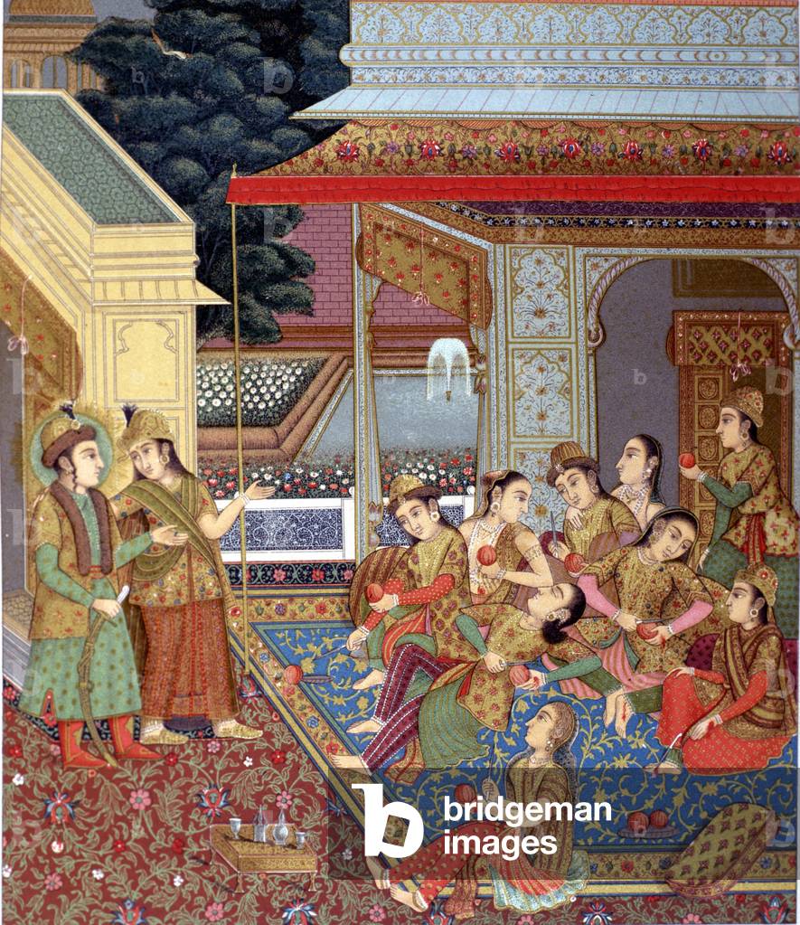 Un harem indiano. Illustrazione di una miniatura Moghol (scuola di miniaturisti indiani del XVI e XVII secolo)