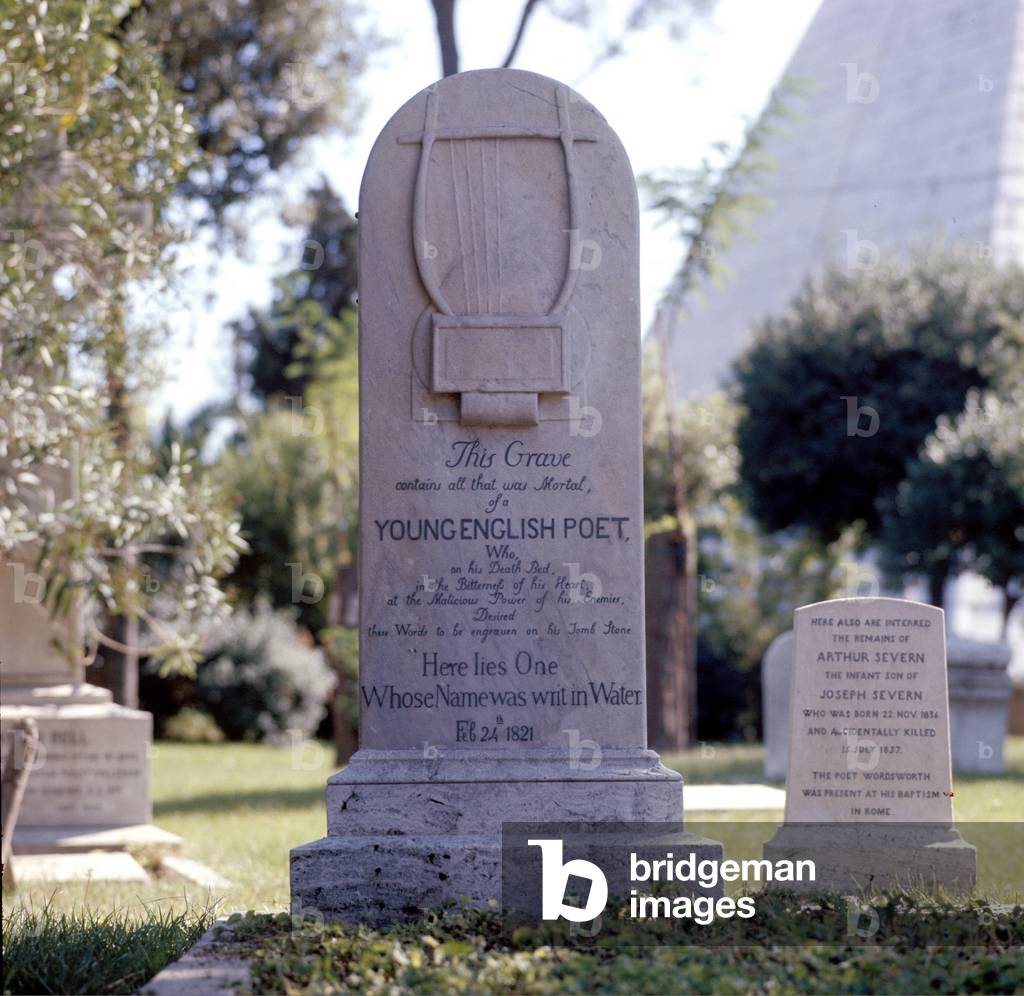 Tomb of poet John Keats (1795-1821) at the Protestant cemetery of Testaccio in Rome. Epitaph: “Here lies one whose name was writ in water”