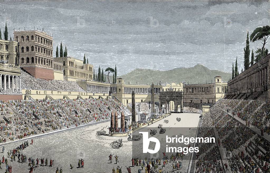 Circus Maximus - The great circus or circus Maxime, in Rome, with a chariot race - Colour engraving