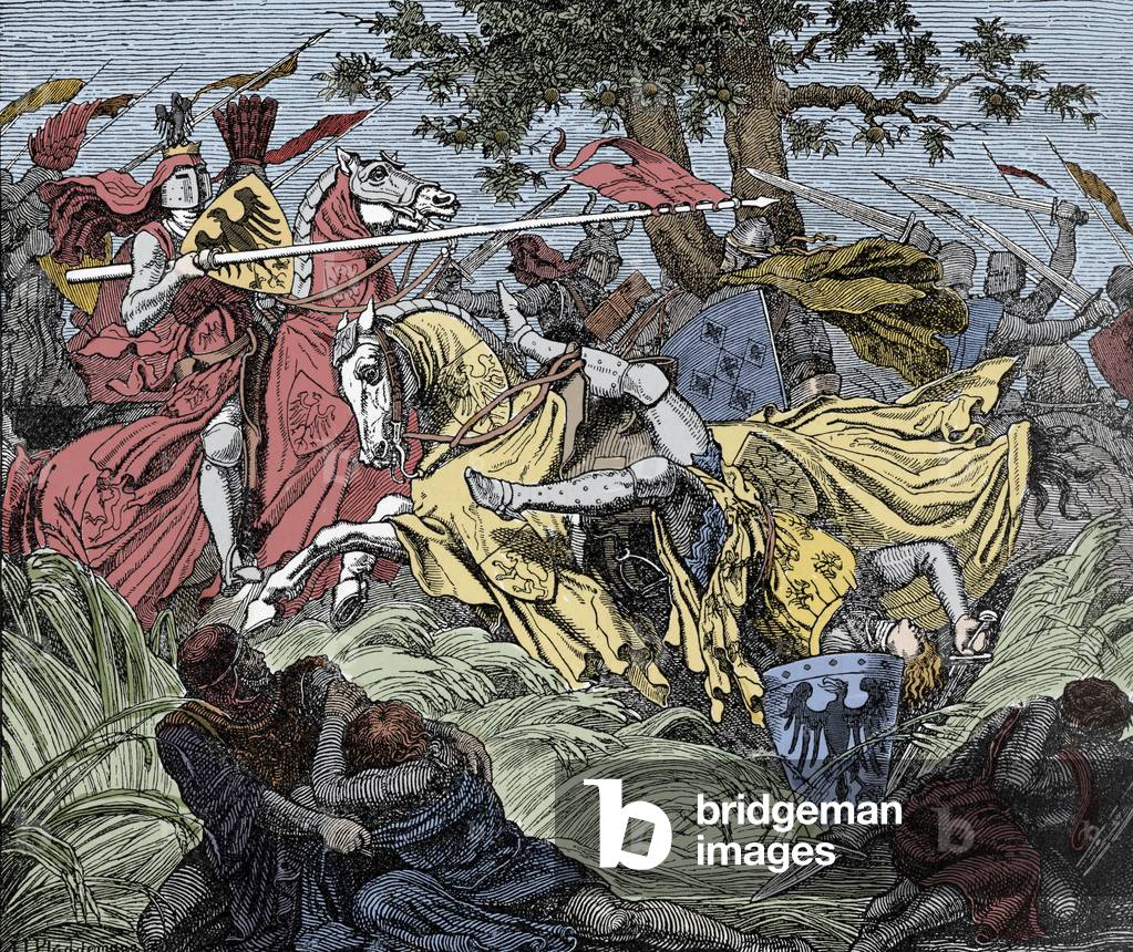Manfred Killed in Battle - Battle of the Benevent (26 February 1266): the death of Manfred I (of Hohenstaufen, 1232-1266) king of Sicily, defeated by his rival Charles I (Charle of Anjou, 1227-1285) king of Naples (then king of Sicily)
